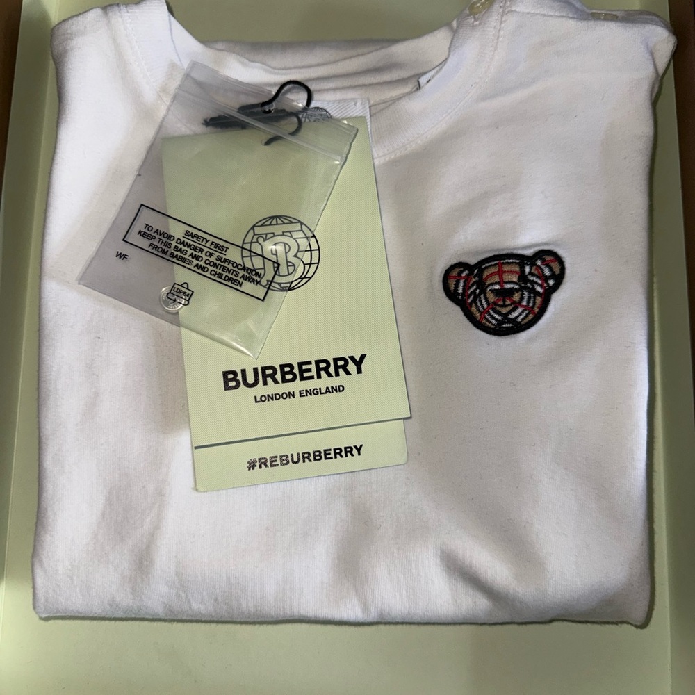 Burberry White Cotton Tee with Signature Check Bear Patch